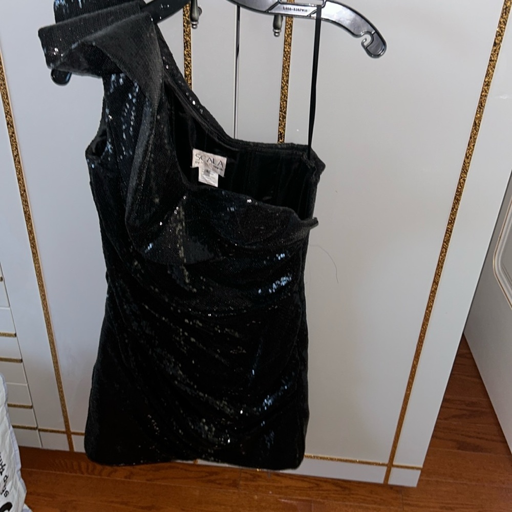 Scala One Shoulder Mini Black Sequence Dress - image 1